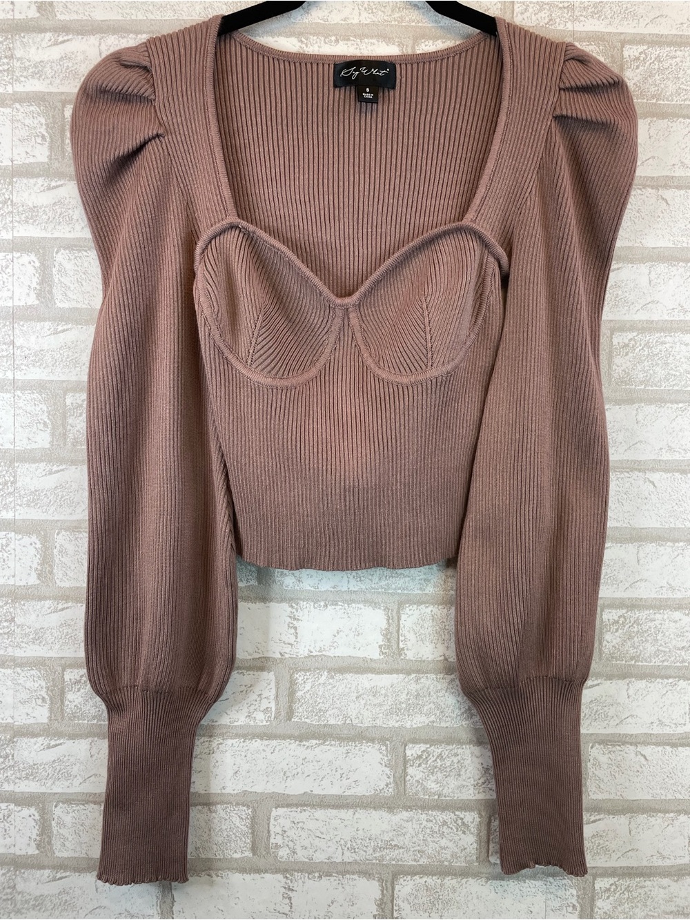 Say What Ribbed Knit Bustier Crop Sweater Puff Sleeve Pink S
